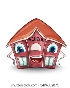 School house Vector. Cartoon characters illustration. Red building
