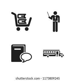 school icon. 4 school vector icons set. cart with books, school bus and teacher with stick icons for web and design about school theme