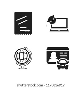 school icon. 4 school vector icons set. school globe, laptop with a graduation cap and driver license icons for web and design about school theme