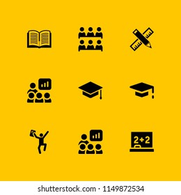 school icon. 9 school set with mortarboard, class, blackboard and ruler vector icons for web and mobile app