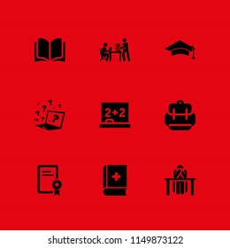 school icon. 9 school set with open book, backpack, quiz and book vector icons for web and mobile app
