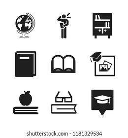 school icon. 9 school vector icons set. open book icon, hard cover book and college pin icons for web and design about school theme