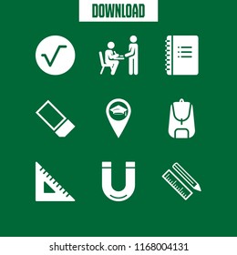 school icon. 9 school vector set. school supplies, square root, classroom and university pin icons for web and design about school theme