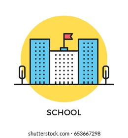 School icon. School building with flag and trees. Modern flat design thin line concept. Vector icon isolated on white background