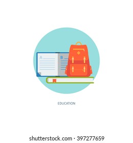 School icon in circle. Creative concept of education and on-line learning. Flat design, minimalist style, modern colours. Vector illustration for your projects, web, banners, infographics, app, sites