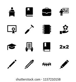 School icon. collection of 16 school filled icons such as holding document, pen, case, blackboard, medical hammer, diploma, teacher. editable school icons for web and mobile.