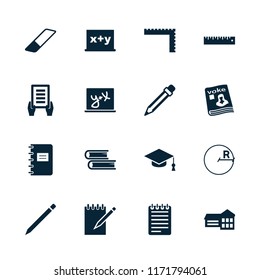 School icon. collection of 16 school filled icons such as ruler, holding document, blackboard x+y, magazine, pencil, book. editable school icons for web and mobile.