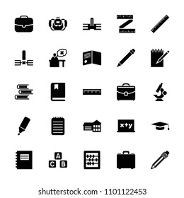 School icon. collection of 25 school filled icons such as abacus, notepad, case, blackboard x+y, notebook, pen, teacher, highlighter. editable school icons for web and mobile.