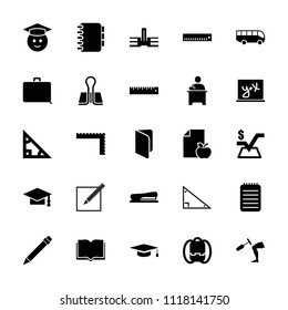 School icon. collection of 25 school filled icons such as ruler, graduation cap, mathematical square, book, backpack, triangle. editable school icons for web and mobile.