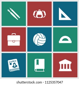 School icon. collection of 9 school filled icons such as ruler, protractor, magazine, court building, volleyball, book, pen. editable school icons for web and mobile.