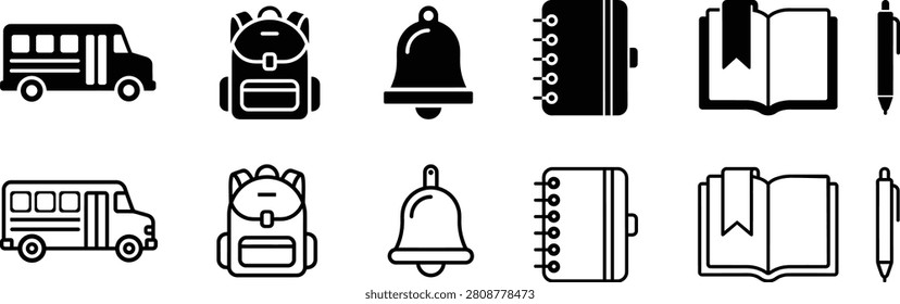 school icon collection with backpack, bell, notebook and bus vector symbols for education