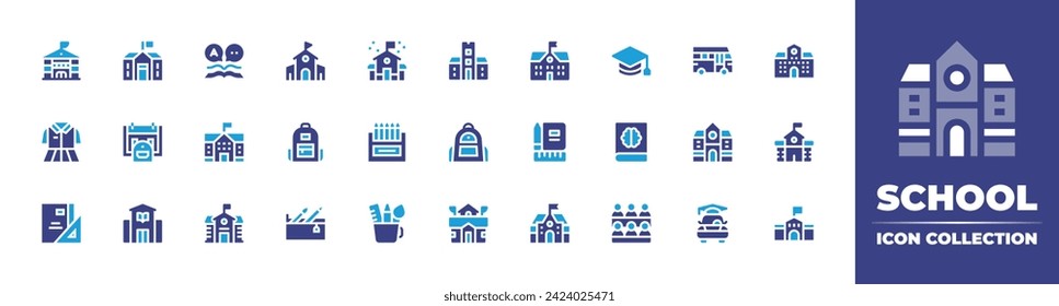 School icon collection. Duotone color. Vector and transparent illustration. Containing school, pencil case, office supplies, language, mortarboard, architecture and city, uniform, book, university.