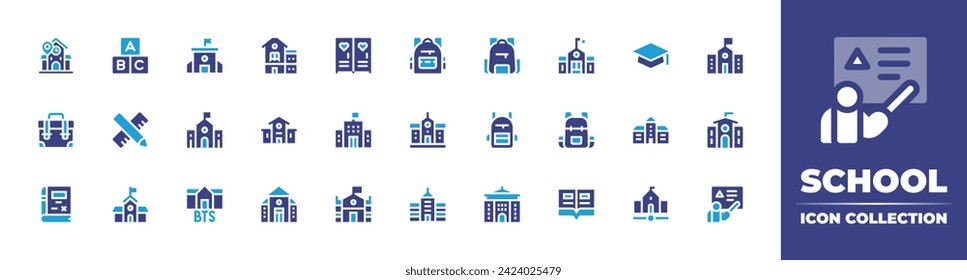 School icon collection. Duotone color. Vector and transparent illustration. Containing alphabet, mortarboard, supplies, school, campus, back to school, teacher, bag, locker. 