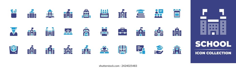 School icon collection. Duotone color. Vector and transparent illustration. Containing stationery, education, student, graduation, school, university, uniform, teacher, classroom, presentation.