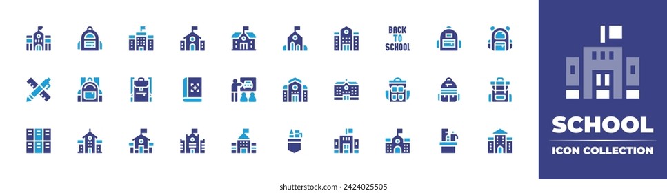 School icon collection. Duotone color. Vector and transparent illustration. Containing school, training, college, schools, creativity, kindergarten, lockers, school materials, book, school bag.