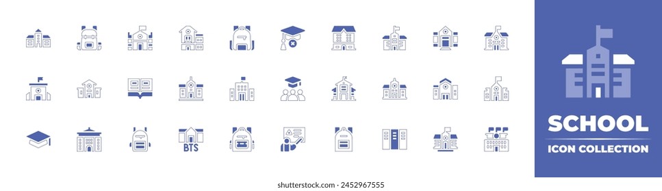 School icon collection. Duotone style line stroke and bold. Vector illustration. Containing mortarboard, education, campus, back to school, teacher, bag, school, high school, backpack.