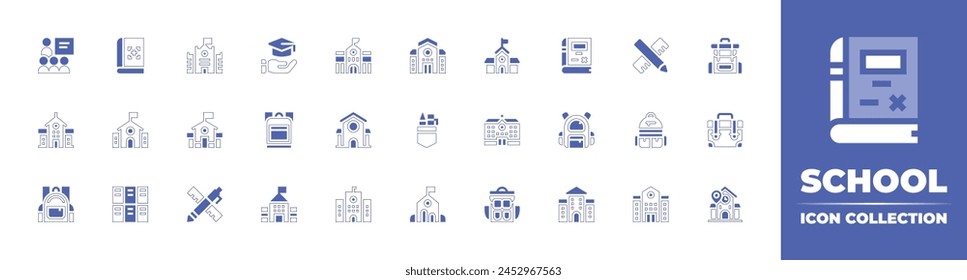School icon collection. Duotone style line stroke and bold. Vector illustration. Containing school, schools, creativity, kindergarten, lockers, materials, bag, high school, backpack.