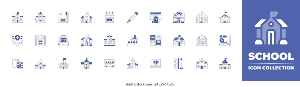 School icon collection. Duotone style line stroke and bold. Vector illustration. Containing online learning, school, conference, education, supplies, material, bus, backpack.