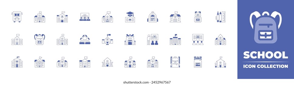 School icon collection. Duotone style line stroke and bold. Vector illustration. Containing school, student, training, university, classroom, class, school bag, school bus, backpack.