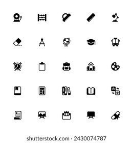 School Icon Collection. Pixel Perfect Education Glyph Style 2D Icon