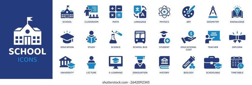 School - Icon Collection. Thin Line Set contains such Icons as School, Class, Student, Teacher, Pencil, Book, Chalk and more. Simple web icons set.