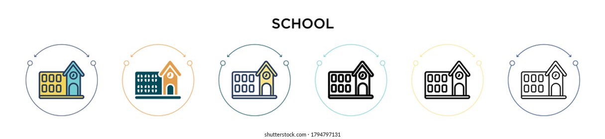 School icon in filled, thin line, outline and stroke style. Vector illustration of two colored and black school vector icons designs can be used for mobile, ui, web