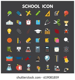 School icon flat set with blackboard laptop students isolated vector illustration