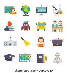 School Icon Flat Set With Teacher Pupils And Education Elements Isolated Vector Illustration