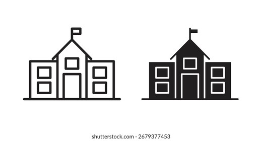 ícone de escola pacote de estilo plano e traçado no fundo branco. Ilustrações vetoriais