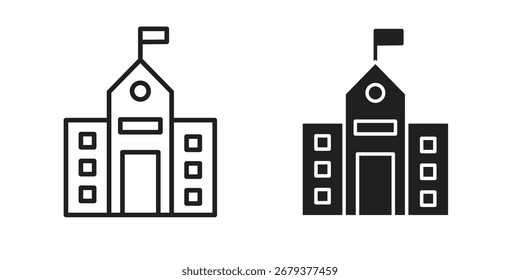 ícone de escola pacote de estilo plano e traçado no fundo branco. Ilustrações vetoriais