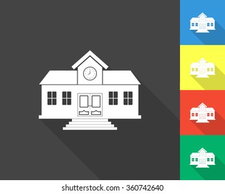 school icon - gray and colored (blue, yellow, red, green) vector illustration with long shadow
