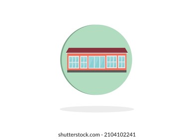 School icon, green circle with shadow below on white background, vector size, modern style.