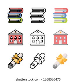 School icon illustration in 3 style consists of schools, books, and diplomas