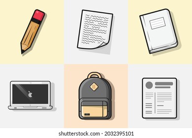 school icon and illustration pack sticker Graphics, School Clipart, Pencil Clipart, book Graphics, paper Illustration, bag Graphic student set