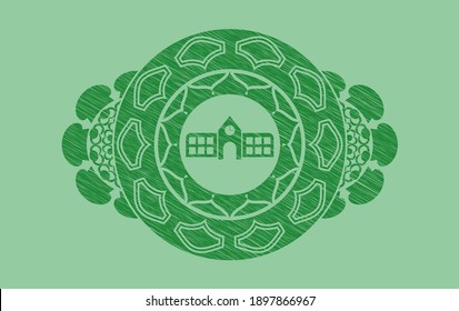 school icon inside Green stroke badge. Eco classic background. Vector illustration. 