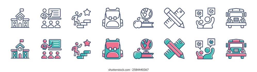 school icon line set education academy online learning course student study classroom lecture signs vector illustration for web and app