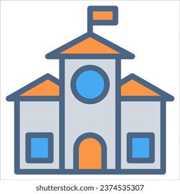 School icon or logo illustration filled outline color style. Icon school line color.