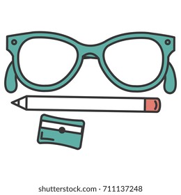  school icon with pencil, sharpener and glasses
