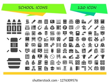  school icon set. 120 filled school icons. Simple modern icons about  - Crayon, Lunch box, Eraser, Owl, Pen, Book, Audio book, Abacus, Museum, Calculator, Measuring tape, Pencil