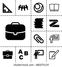 School icon. set of 13 filled and outline school icons such as book, case, notebook, teacher, abc, triangle, children, clip, measure ruler