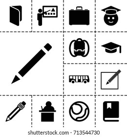 School icon. set of 13 filled school icons such as airport bus, pen, graduate emoji, case, paper and pen, book, teacher, graduation hat, backpack
