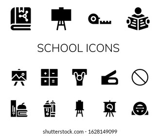 school icon set. 14 filled school icons.  Simple modern icons such as: Book, Canvas, Measuring tape, Read, Books, Drawing, Highlighter, Calculator, Demonstration, Stapler, Steering wheel