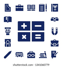 school icon set. 17 filled school icons.  Simple modern icons about  - Pattern, Book, Presentation, Calculator, Sharpener, Diploma, Magnets, Case, Pencil, Briefcase, Bus, Notepad