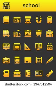 school icon set. 26 filled school icons.  Simple modern icons about  - Book, Books, Music store, Backpack, Magnets, Eraser, Bookshelf, Building, Boarding, Canvas, Briefcase, Ebooks