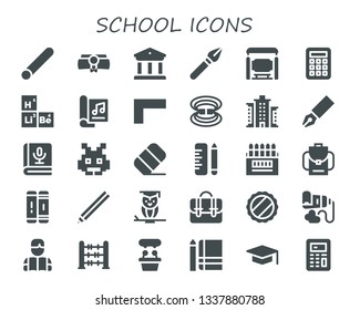 school icon set. 30 filled school icons.  Collection Of - Chalk, Diploma, Museum, Pen, Bus stop, Calculator, Periodic table, Magazine, Ruler, Magnetic field, Building, Book, Space invaders