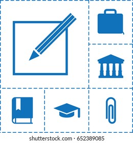 School icon. set of 6 school filled icons such as court, case, paper and pen, book, graduation hat