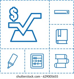 School icon. set of 6 school outline icons such as abacus, mathematical square, highlighter, book