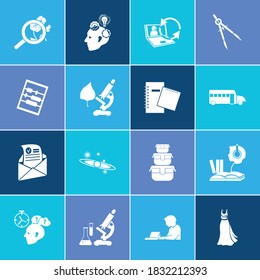 Juego de iconos escolares y marcha atrás con curso de audio, investigación científica y test. Vector de iconos escolares relacionados con el uso nocturno para el diseño del logotipo de la interfaz de usuario web.