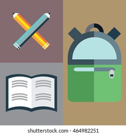School icon set, backpack with pencils and book icons
