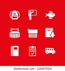 school icon set with school bag, notebook and school bus vector icons for web and graphic design